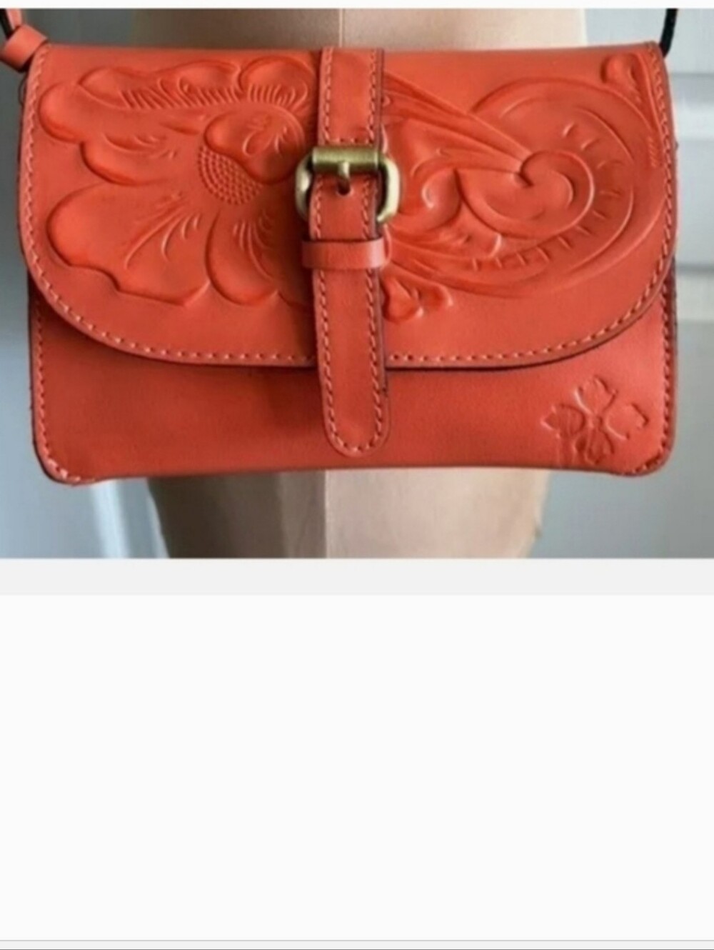 Patricia Nash Orange Tooled Floral Leather Crossbody Bag